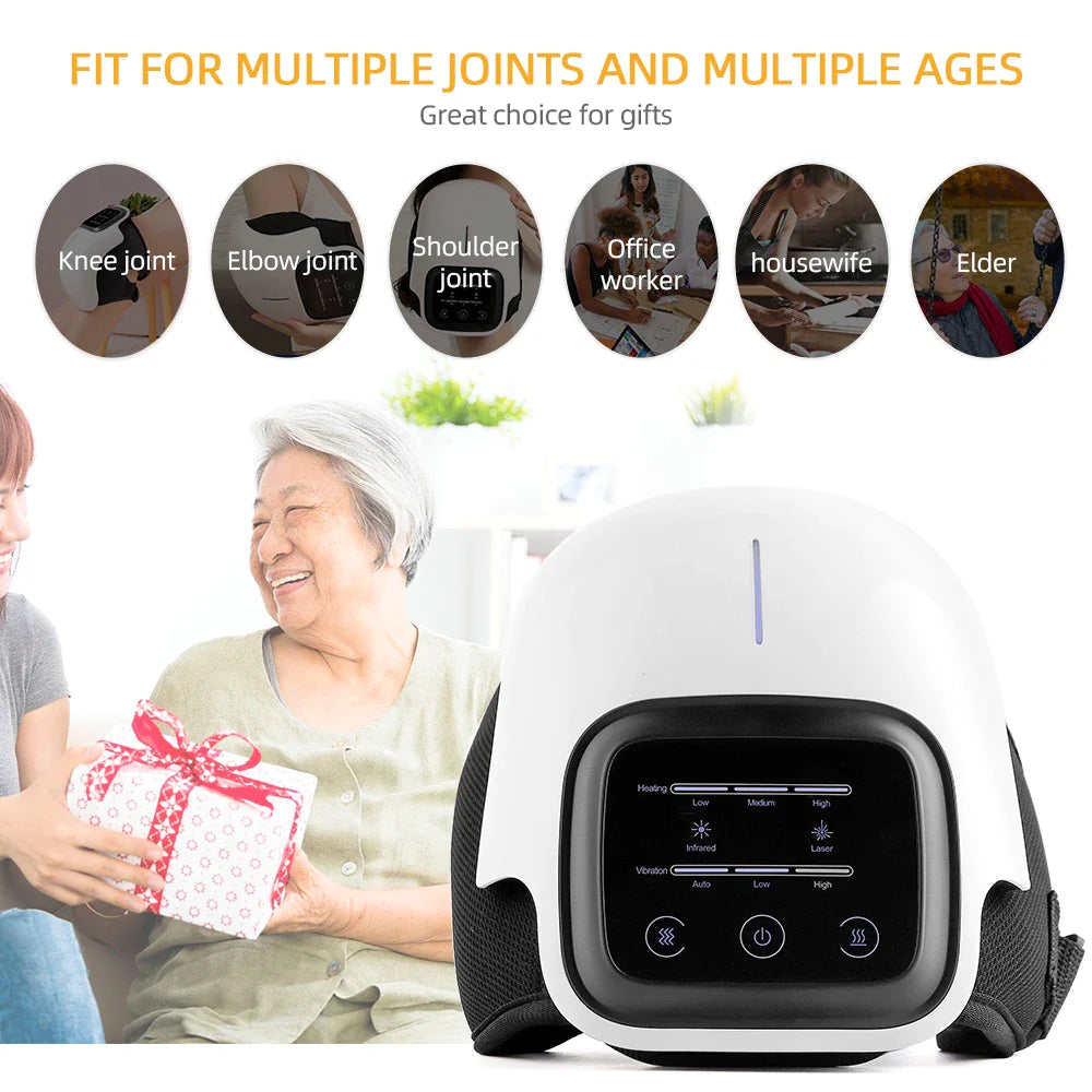 Fitlybuy white, digital knee massager with heating/vibration controls, shown in a lifestyle gift-giving context.