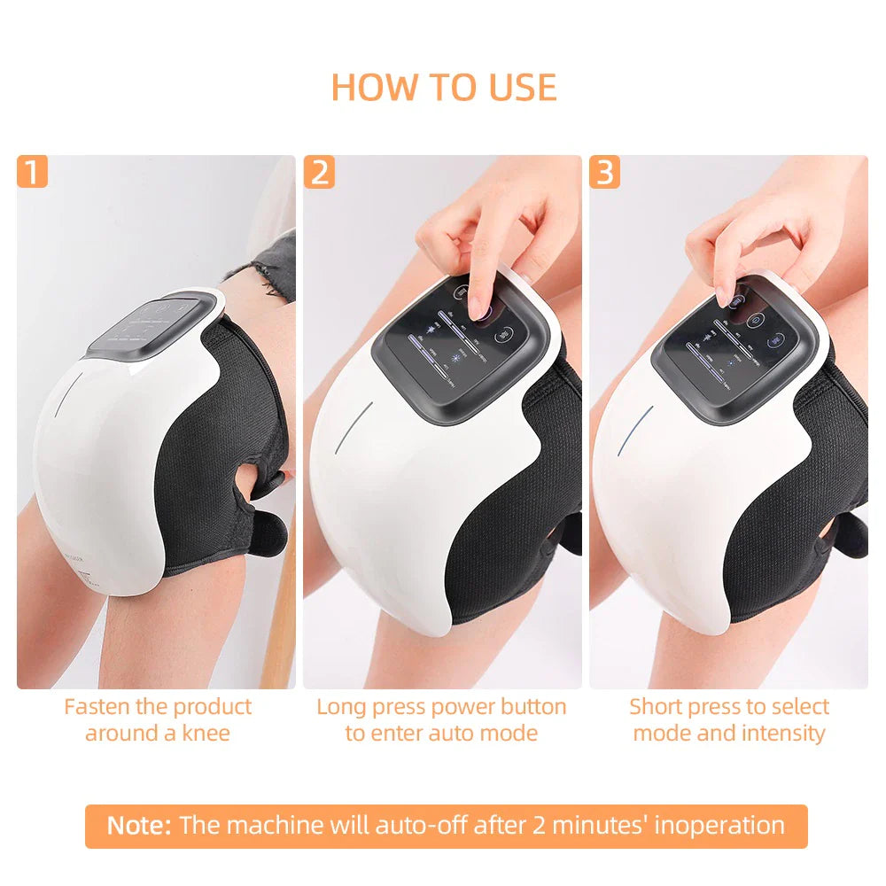 Fitlybuy white and black knee massager showing three-step instructions for use: fastening, powering, and setting modes.