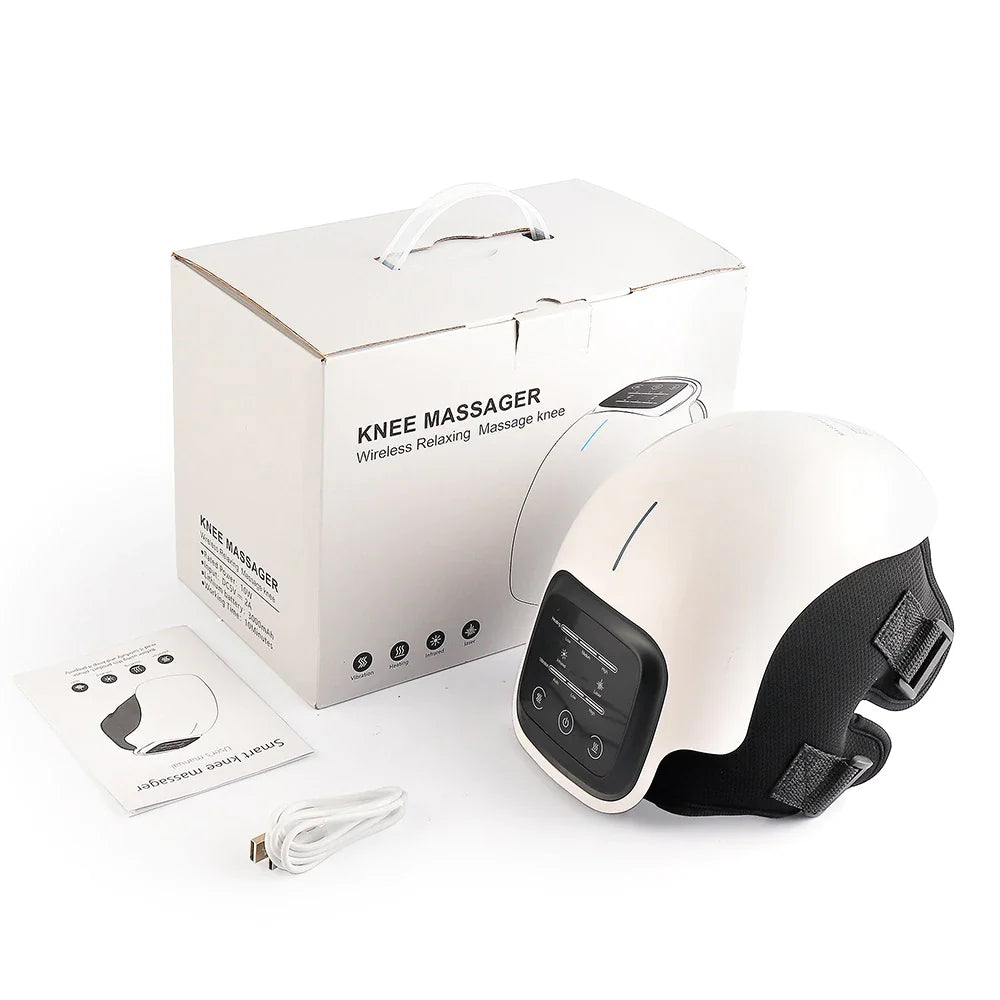 Fitlybuy white knee massager with digital display, charging cable, manual, and product box for pain relief.