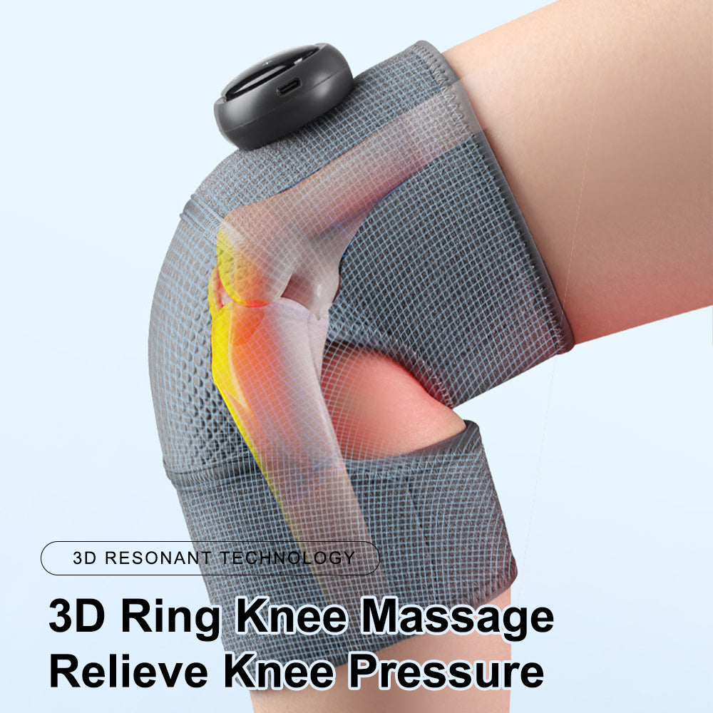 Grey Fitlybuy SootheHeat knee massager with digital control, showing an X-ray view of knee relief technology.