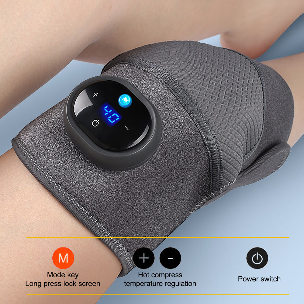 Gray Fitlybuy SootheHeat knee massager with digital touch display showing temperature on a person's knee.