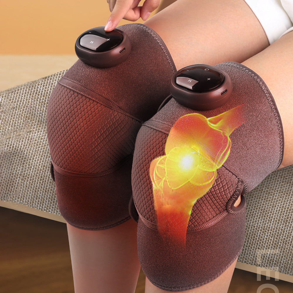 Fitlybuy brown knee massagers on legs, showing heat therapy and control panels for ThermoRelax technology.
