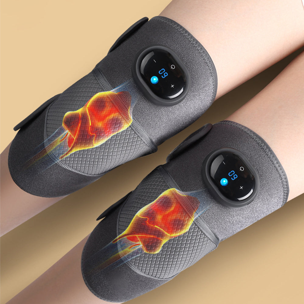 Fitlybuy SootheHeat knee massagers in dark gray, featuring digital displays and thermal graphics on both knees.