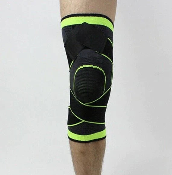 Fitlybuy knee compression sleeve in black and neon yellow with adjustable support straps worn on a person's leg.