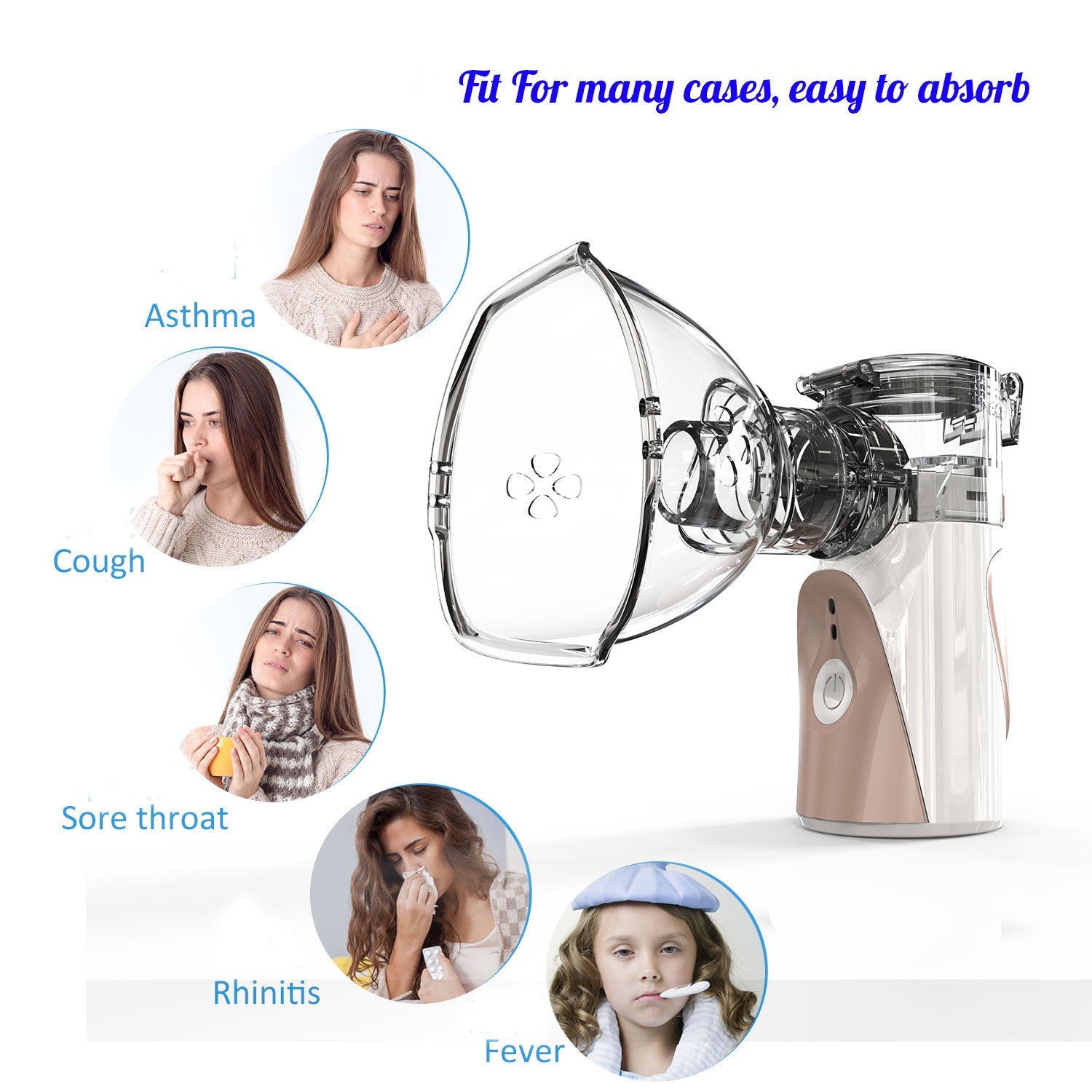 Fitlybuy portable white and rose gold mesh nebulizer with a clear mask, shown alongside relief use-cases for illness.