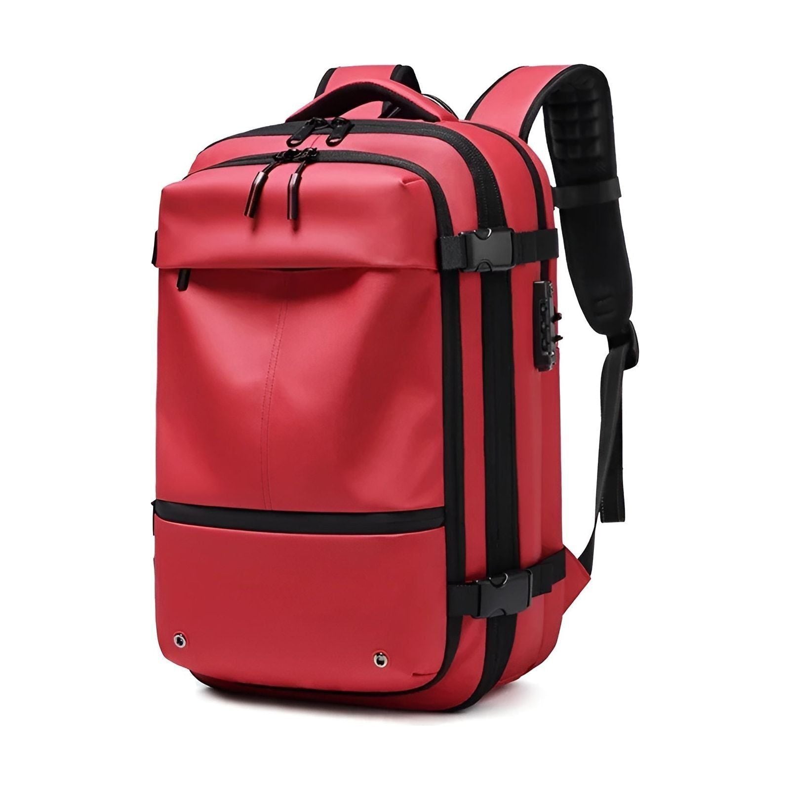 Red Fitlybuy Lara JetPack travel backpack with black accents, compression straps, and a side-mounted lock.