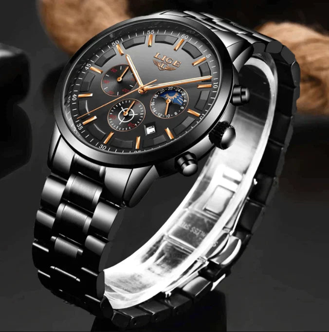 Fitlybuy VanguardTime black steel military watch with gold accents, chronograph sub-dials, and date display.