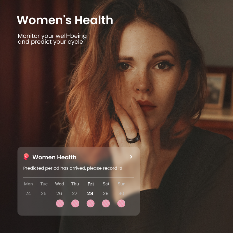 Fitlybuy LYNX black smart ring worn by a woman, showing a digital women’s health and cycle tracking app interface.