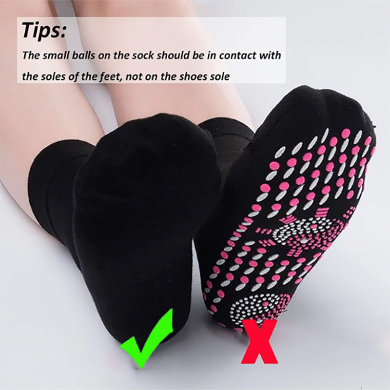 Fitlybuy self-heating magnetic socks: black with pink/white grip dots, showing correct vs. incorrect orientation.
