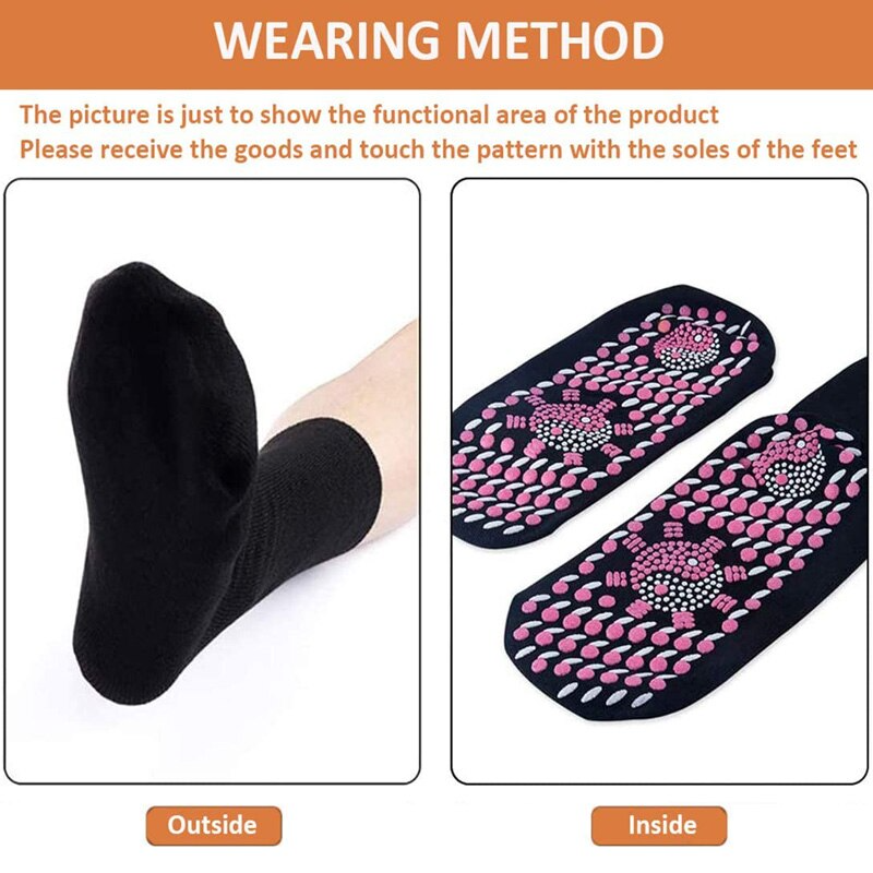 Fitlybuy self-heating magnetic socks: black exterior and interior with pink and white acupressure heating dots.