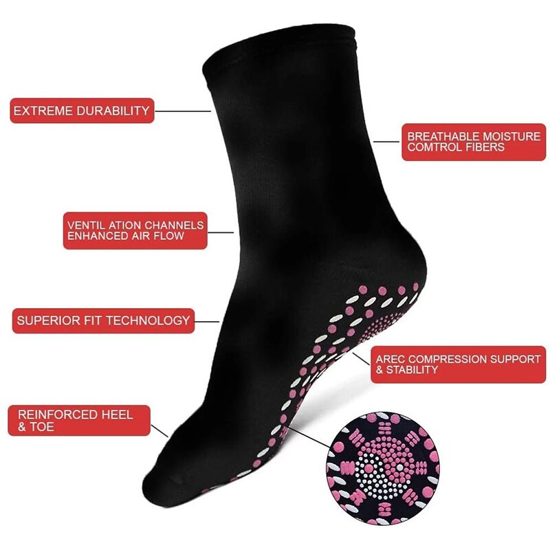 Black Fitlybuy self-heating magnetic sock with labels highlighting features like ventilation and compression support.