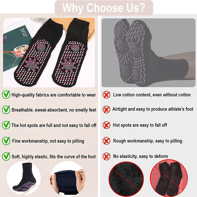 Fitlybuy black self-heating magnetic socks featuring ThermoFlex pink dots on the soles for comfort and thermal support.