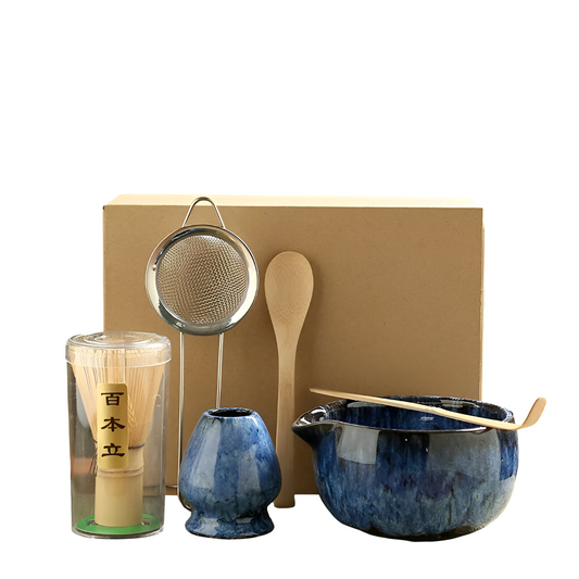 Fitlybuy 6-piece Japanese matcha set with blue ceramic bowl and whisk holder, bamboo whisk, scoop, and metal strainer.