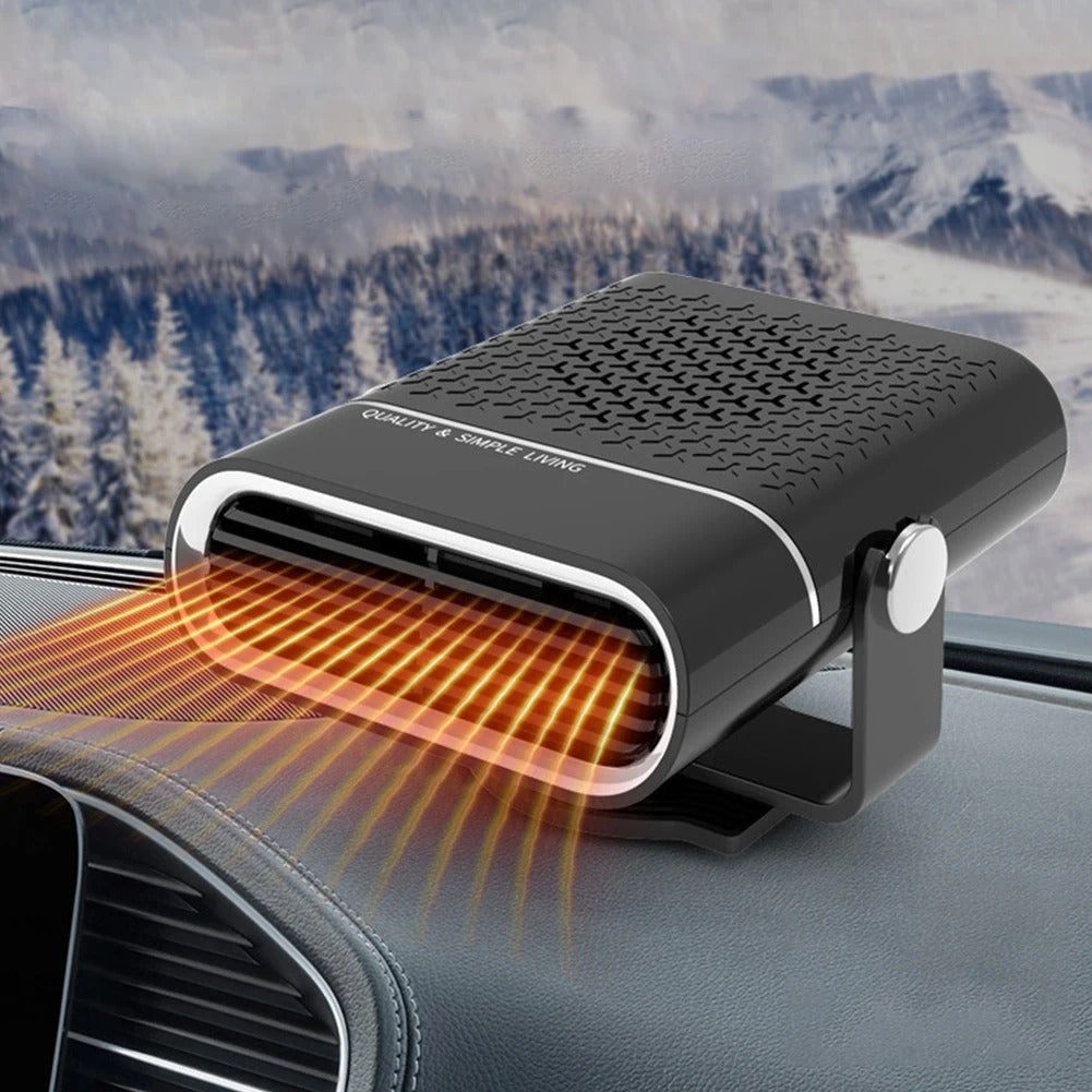 Fitlybuy AirComfy black 4-in-1 portable car heater/fan on a dashboard with glowing heat effect and snowy background.