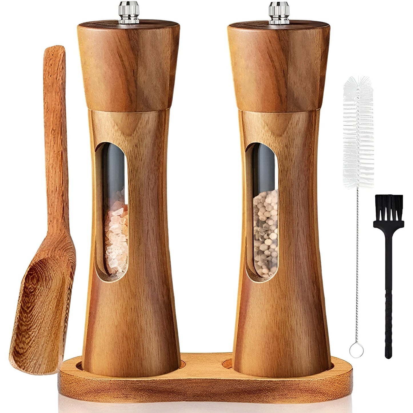 Fitlybuy wooden salt and pepper mills with viewing windows, adjustable grind levels, wooden base, scoop, and brushes.