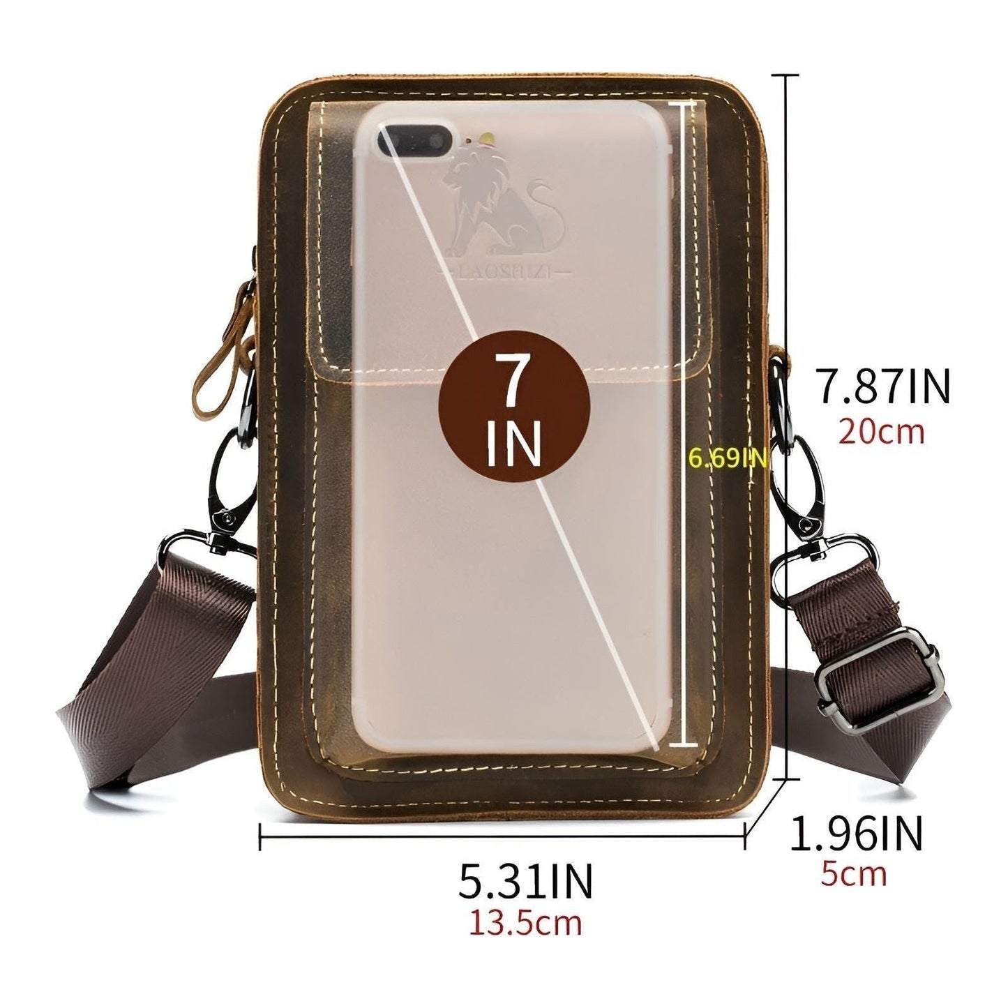 Fitlybuy Vidal brown leather waist bag with adjustable strap and smartphone pocket, showing dimensions in inches and cm.