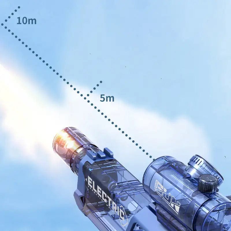 Fitlybuy blue transparent electric water gun firing with 5m and 10m range indicators against a bright blue sky.