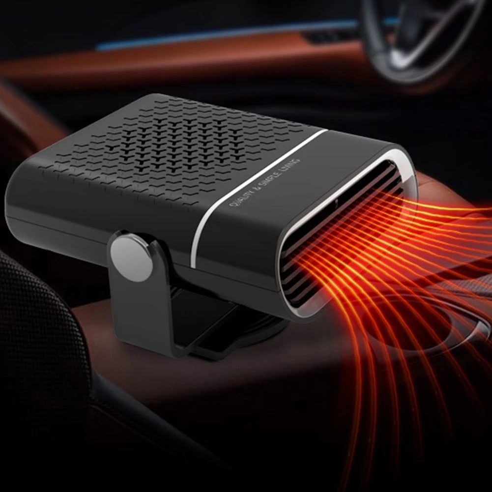 Fitlybuy AirComfy black 4-in-1 car heater and fan with 360° rotation, emitting heat in a car interior setting.