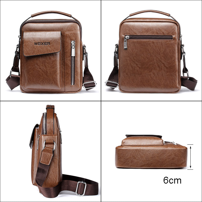 Fitlybuy luxury brown PU leather men's shoulder bag with multiple zippered pockets and adjustable crossbody strap.