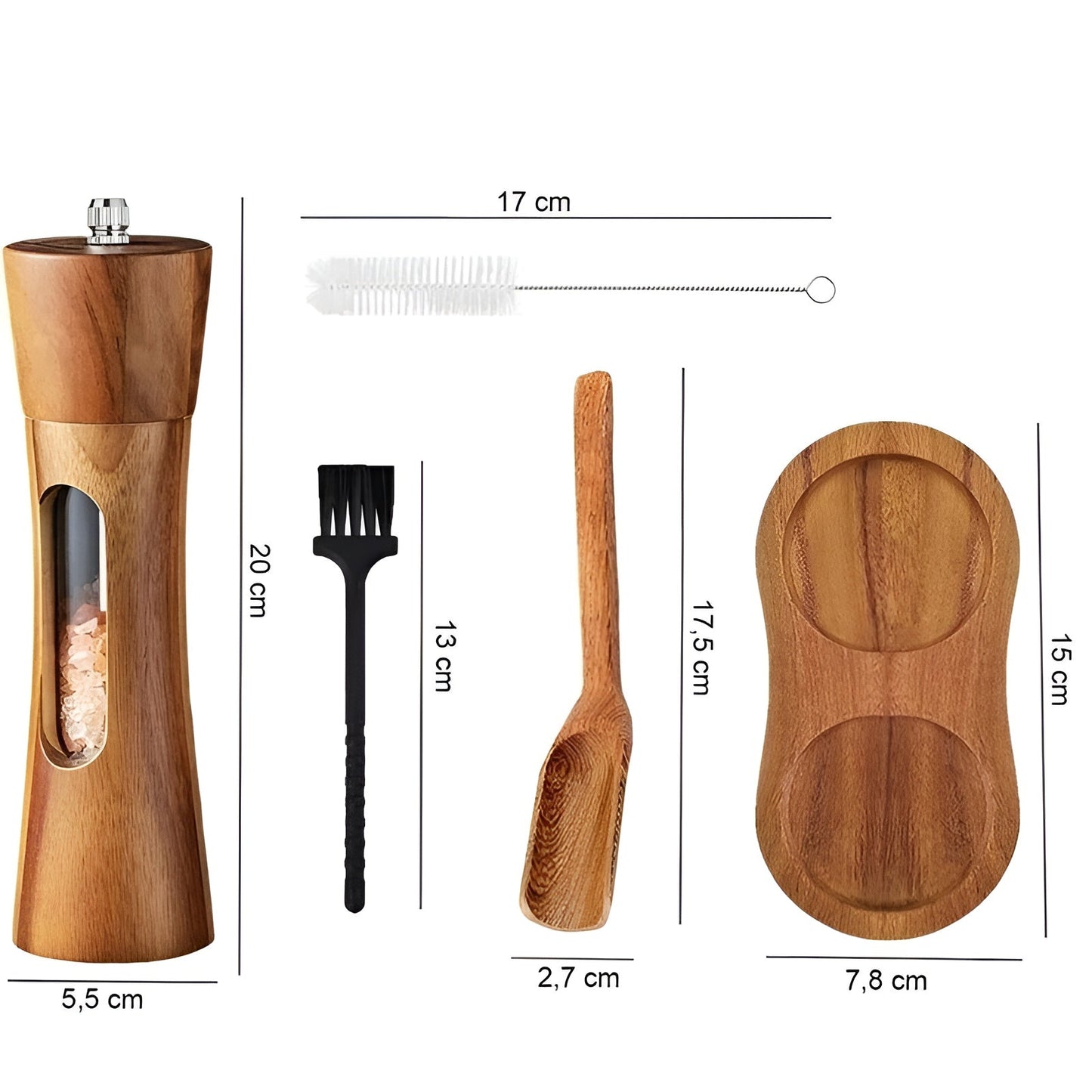 Fitlybuy wooden salt and pepper mill set with tray, cleaning brush, scoop, and dimensions for adjustable grind levels.