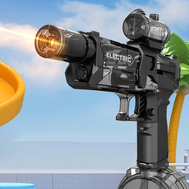 Black Fitlybuy electric water gun with tactical scope and rapid-fire barrel firing a light beam against a sky background.