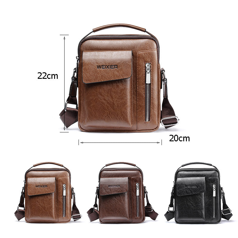 Fitlybuy brown PU leather men's shoulder bag with front flap, side zipper, and adjustable strap. Available in 3 colors.