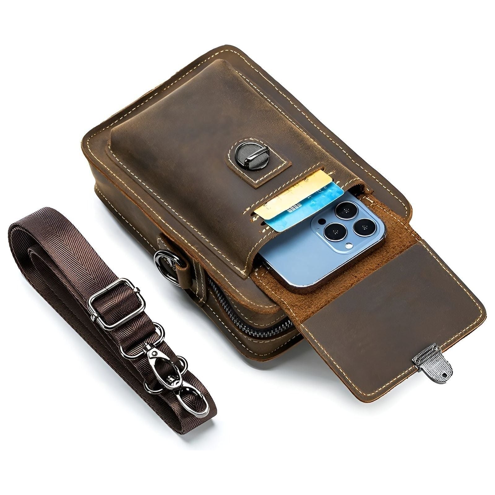 Fitlybuy brown leather waist bag with multi-pocket design, adjustable strap, and phone storage against white background.