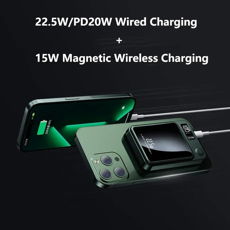 Fitlybuy FasterCharge Pro: Green magnetic power bank with digital display charging a green smartphone via MagSafe.