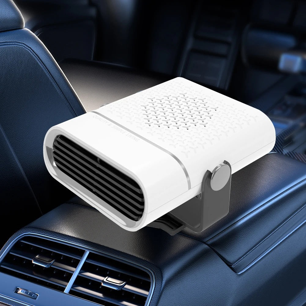 White, portable Fitlybuy AirComfy 4-in-1 car heater and cooling fan with a 360° rotating base, mounted in a car.