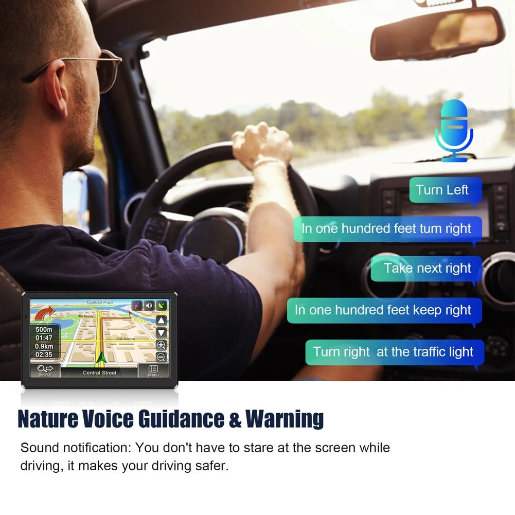 Fitlybuy 7-inch truck GPS navigation system showing voice guidance features inside a car with a driver.