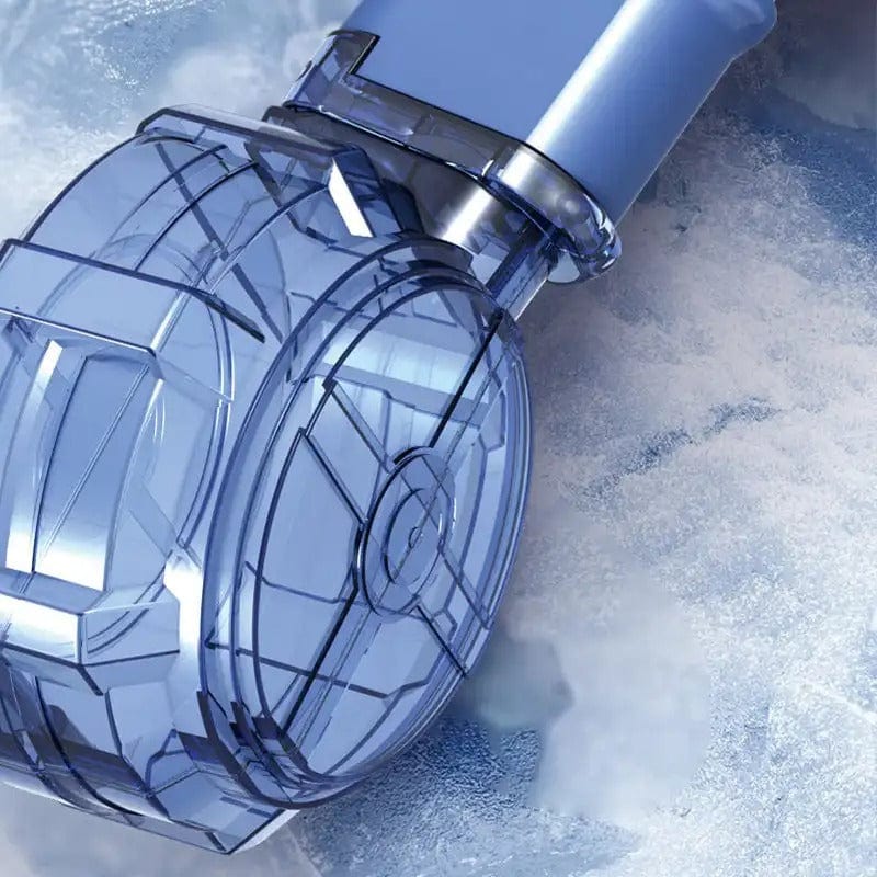Fitlybuy blue translucent electric water gun with a round drum magazine, shown against a snowy, textured background.