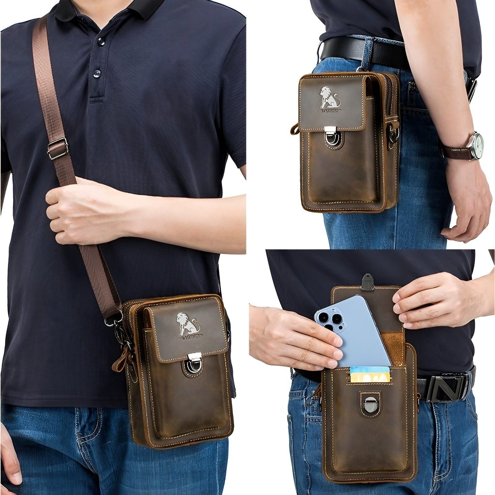 Brown leather Fitlybuy Vidal waist bag with adjustable strap, multi-pockets, and lion logo worn as a crossbody or belt.