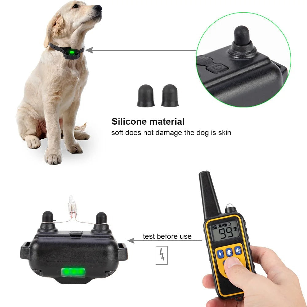 Fitlybuy waterproof anti-bark dog collar and 500m remote with silicone contact points and digital display.