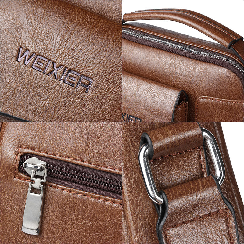 Brown PU leather Fitlybuy men's shoulder bag featuring durable stitching, metal zippers, and a crossbody strap mount.