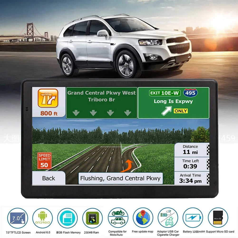Fitlybuy 7-inch GPS navigation unit with black frame, showing highway map data against a white SUV background.