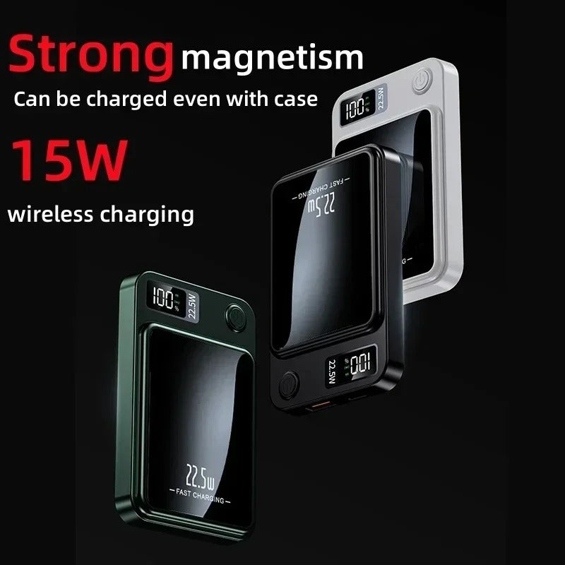 Fitlybuy FasterCharge Pro MagSafe power banks in green, black, and white with digital displays and 22.5W fast charging.