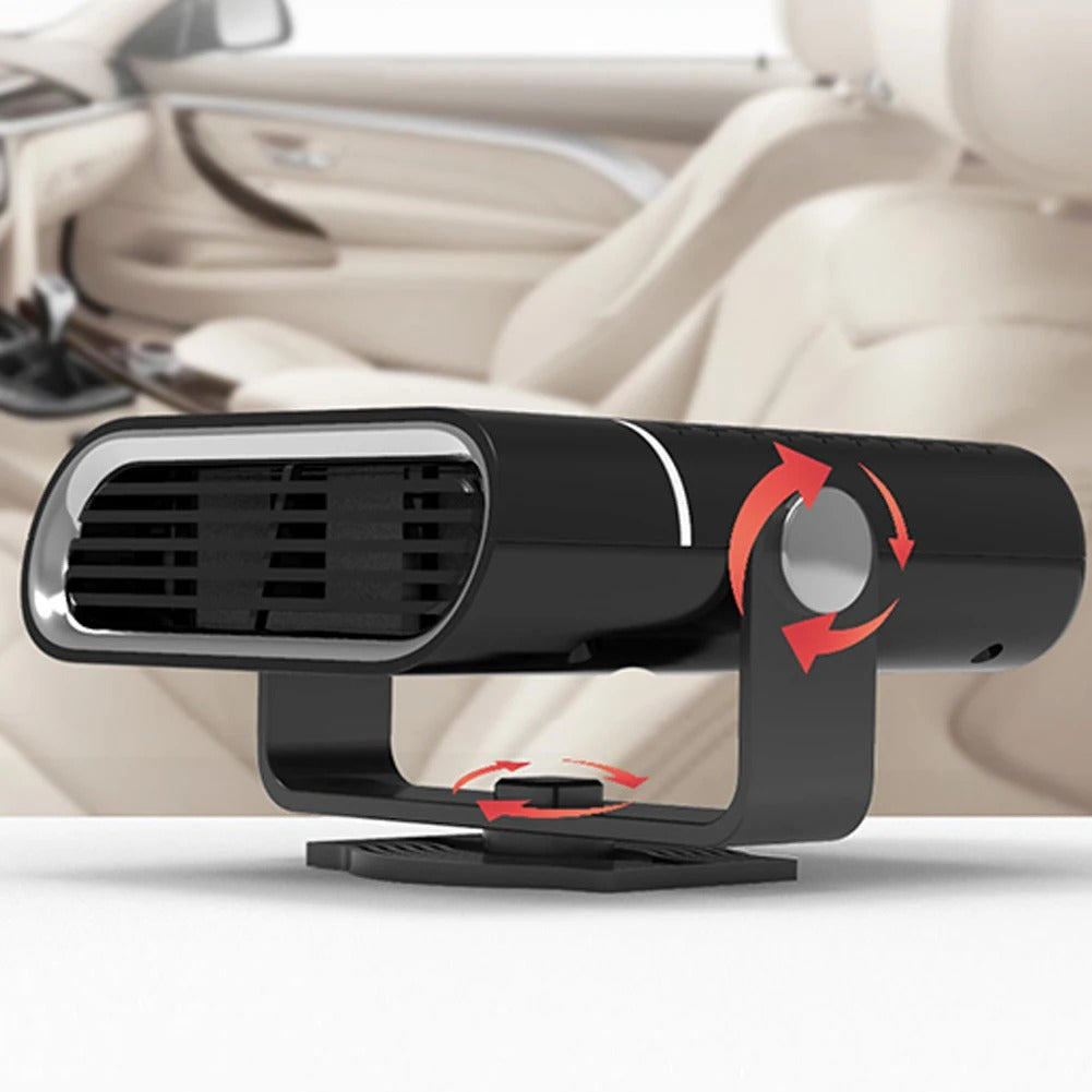 Black Fitlybuy 4-in-1 car fan/heater with 360-degree rotating mount, shown in a modern car interior.
