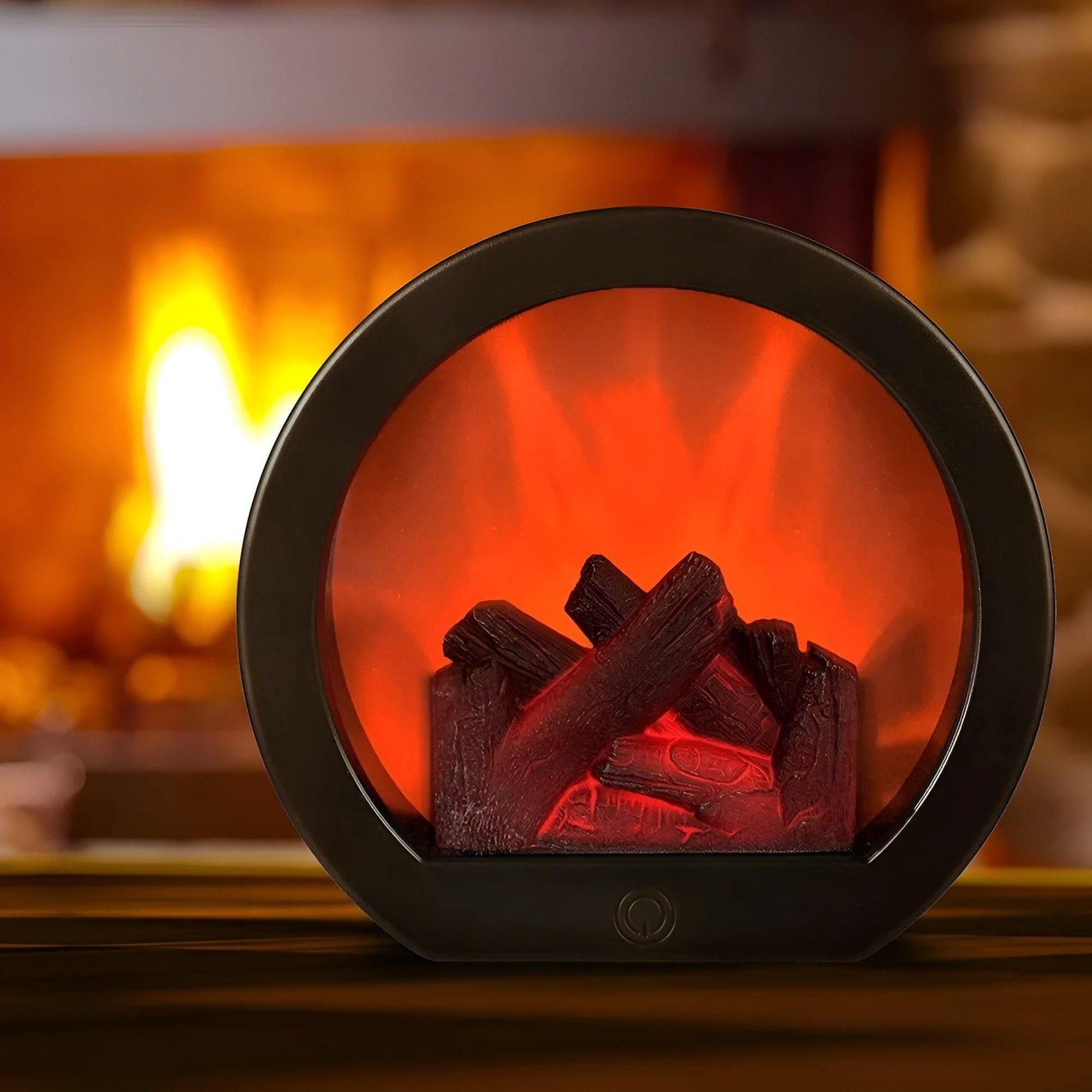 Fitlybuy round black LED lantern with realistic glowing orange faux-fire logs, set against a cozy fireplace background.