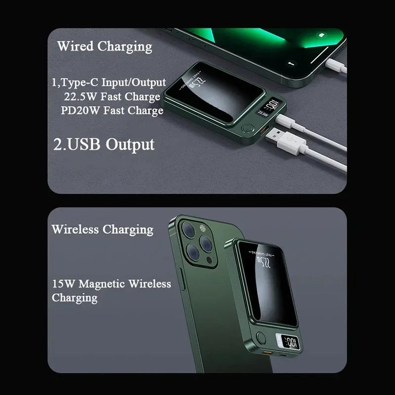 Fitlybuy FasterCharge Pro: Green magnetic power bank showing 22.5W wired and 15W wireless charging with LED display.