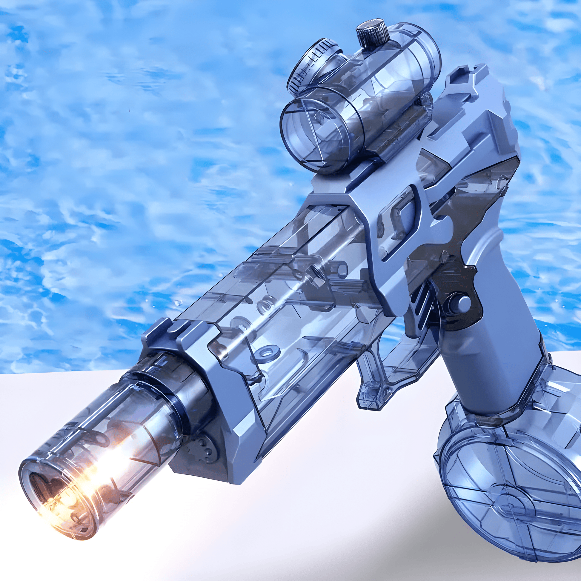 Fitlybuy transparent blue electric water gun with tactical scope and drum magazine against a pool background.