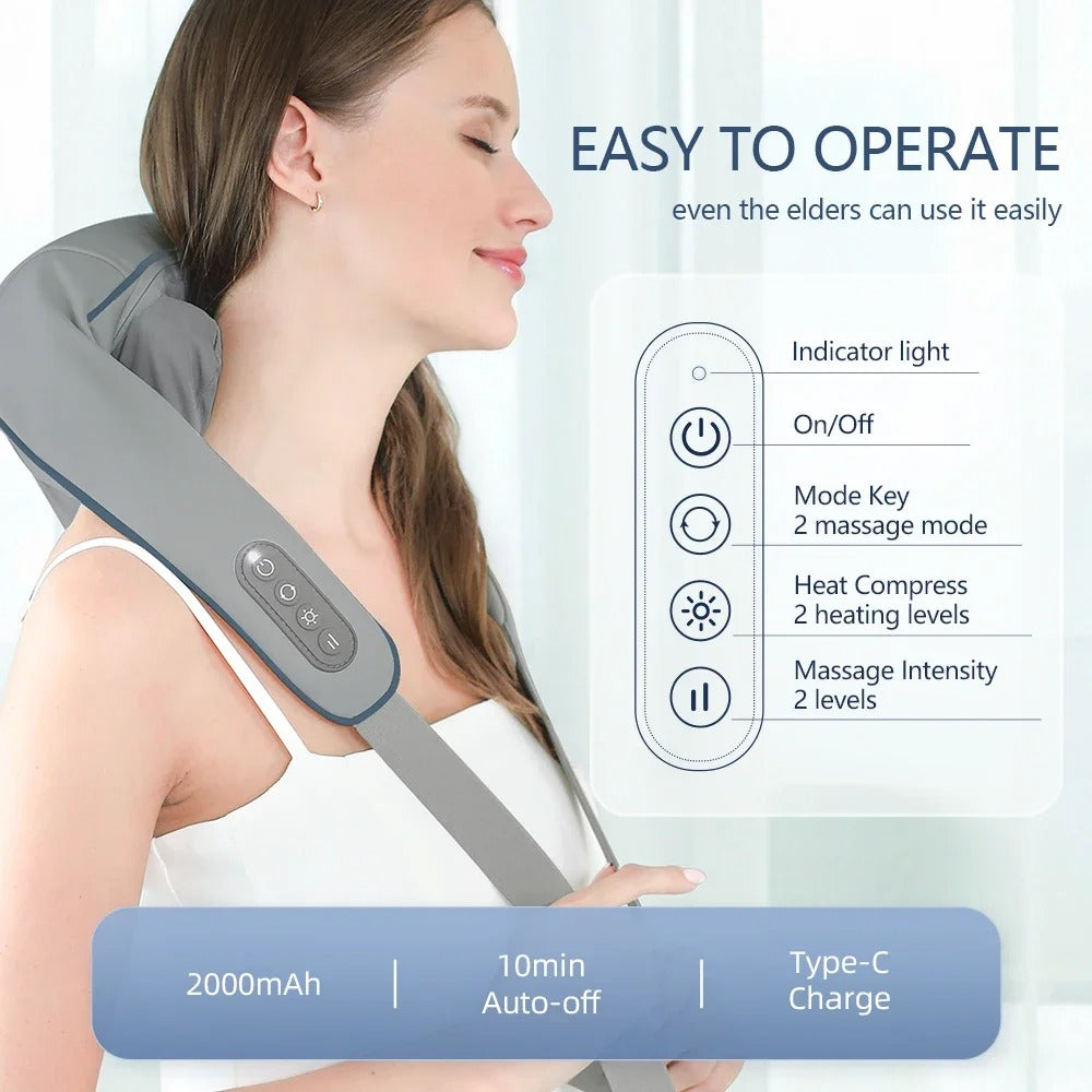 Fitlybuy SootheTrapezius gray neck massager with heat, massage modes, and control panel on strap. 2000mAh, Type-C charge.