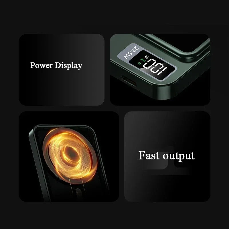 Fitlybuy FasterCharge Pro: Green magnetic MagSafe power bank with digital battery display and 22.5W fast charging coil.