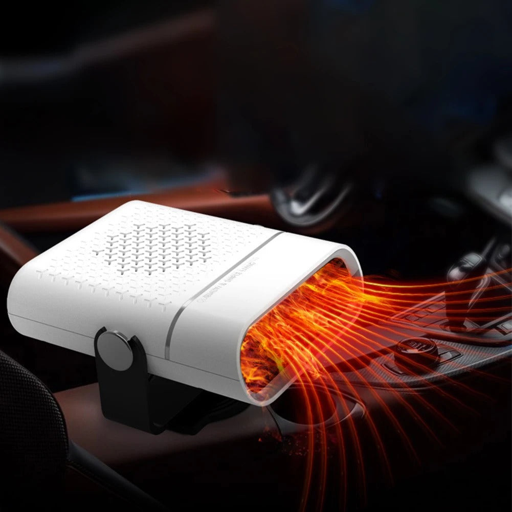 White Fitlybuy AirComfy 4-in-1 car fan mounted on a console, blowing warm air with glowing heat visualization effect.