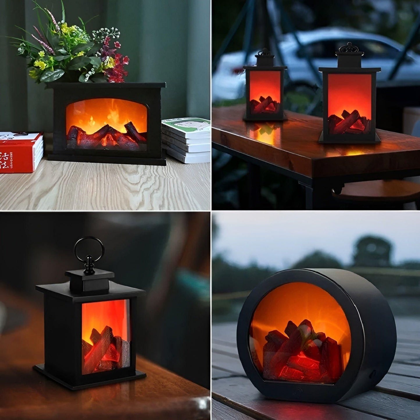 Fitlybuy LED lantern in black with realistic glowing logs and fire effect, shown in various cozy home and outdoor settings.