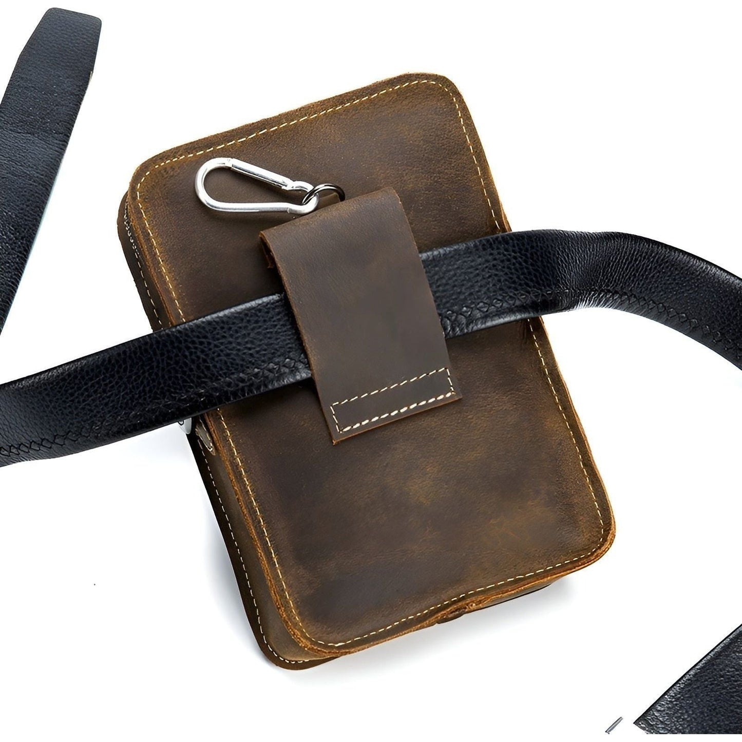 Brown leather Fitlybuy Vidal waist bag with a black belt loop, silver carabiner, and white stitched detailing.