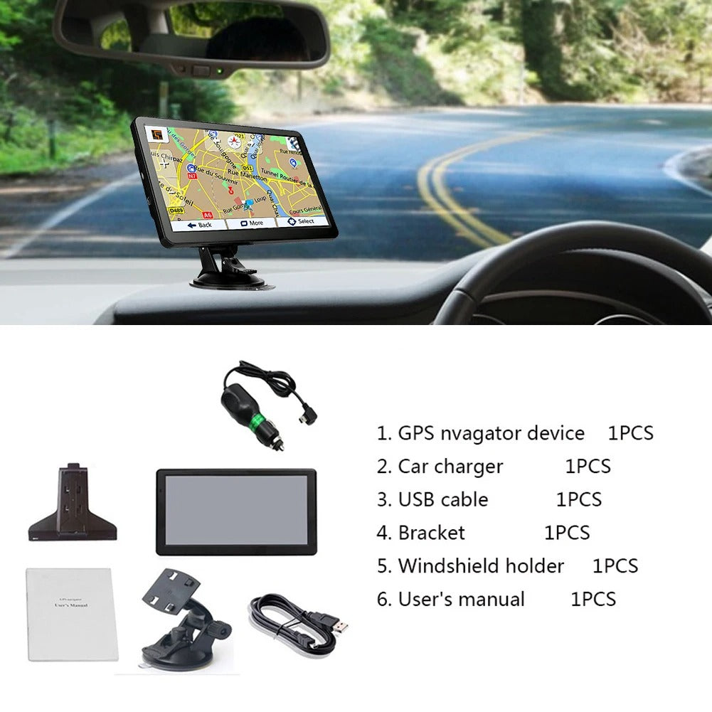 Fitlybuy 7-inch truck GPS mounted on a car dashboard, plus all included cables, brackets, and accessories.