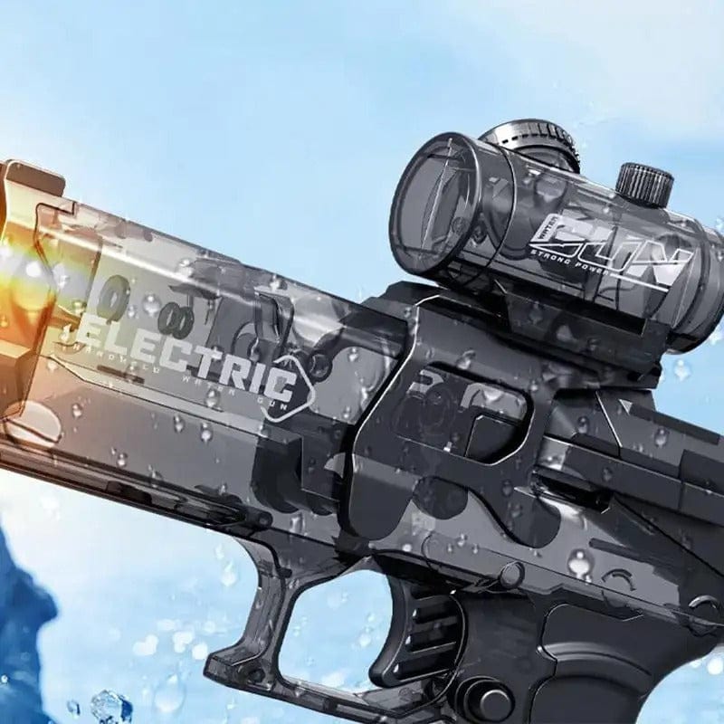 Translucent black Fitlybuy electric water gun with a mounted scope against a blue sky with water splashes.