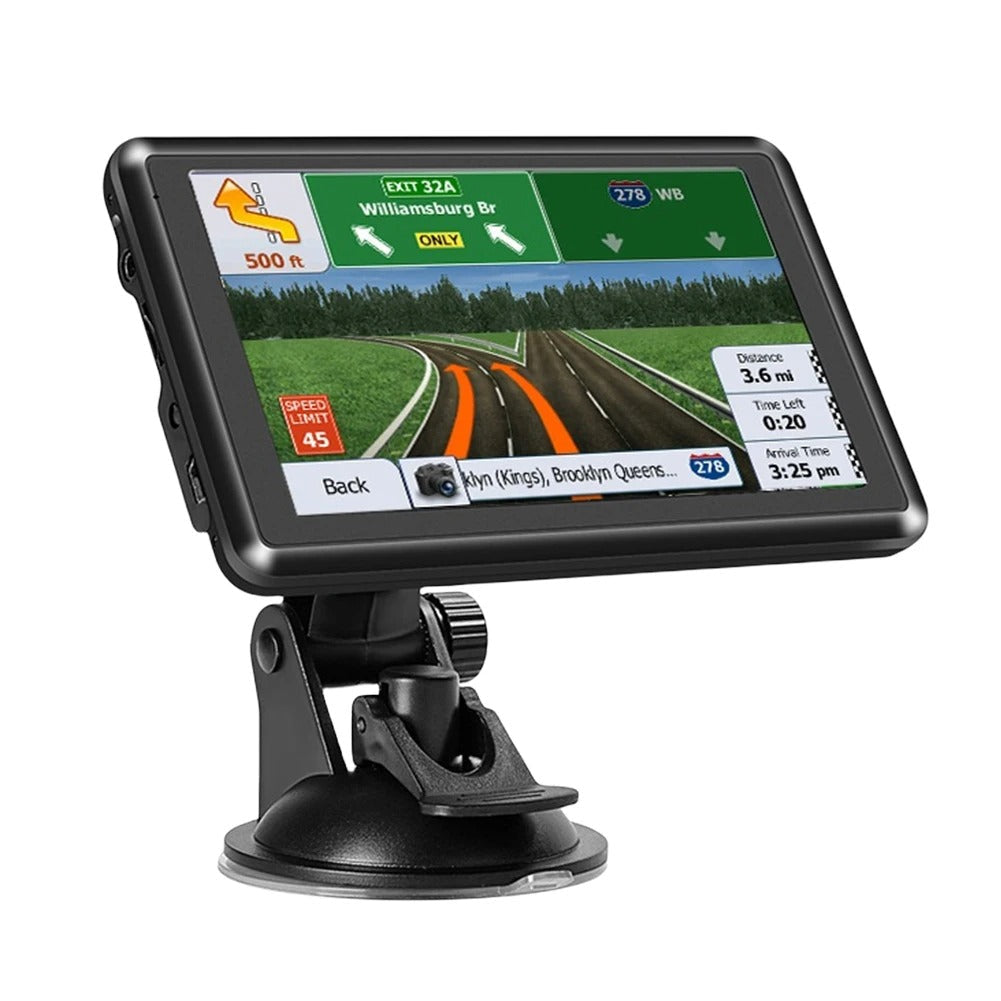 Fitlybuy 7-inch black truck GPS navigation system on a suction mount showing highway exit map and route details.