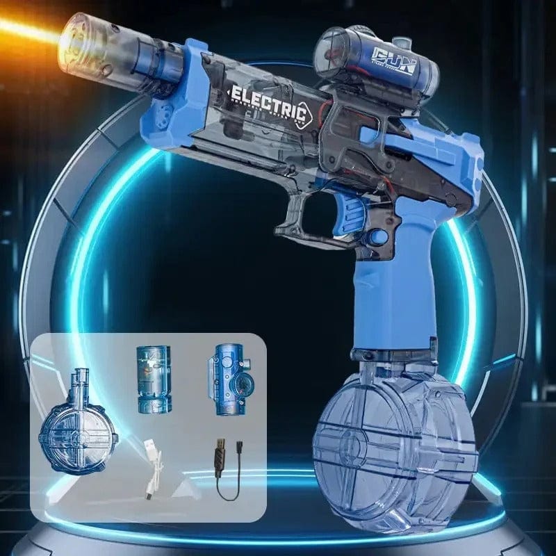 Blue and clear electric rapid-fire water gun with drum magazine and accessories on a neon display stand.