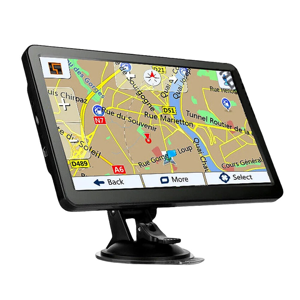 Fitlybuy 7-inch truck GPS navigation system in black with a suction cup mount showing a map interface on screen.